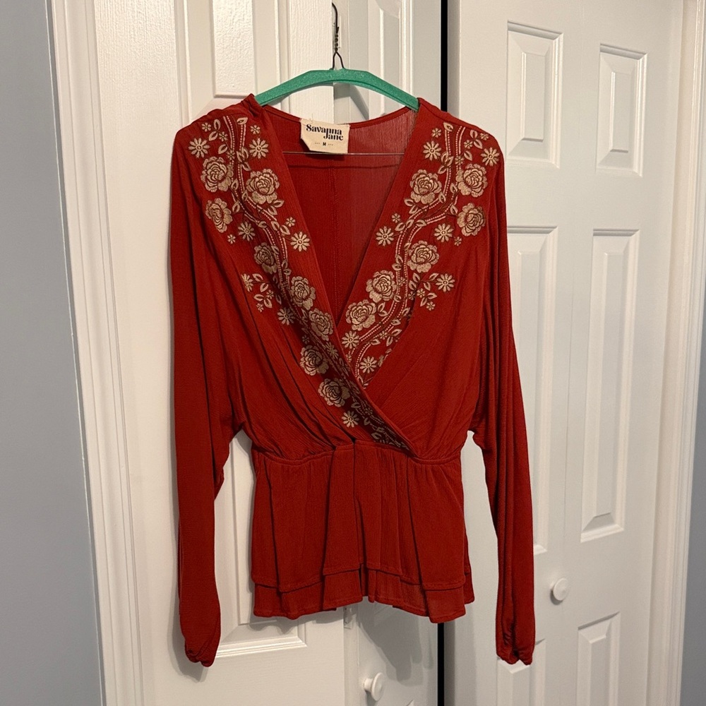 Savanna Jane Rust Red Embroidered Wrap Blouse